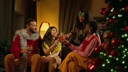 Friends toast by the tree.