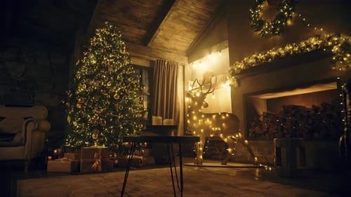The tree and garland glowing in the dark room.