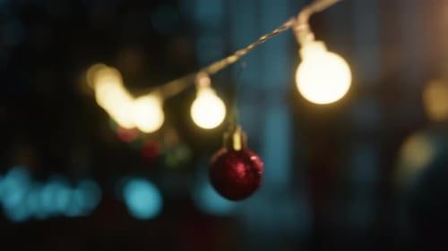 Glowing string lights, close.