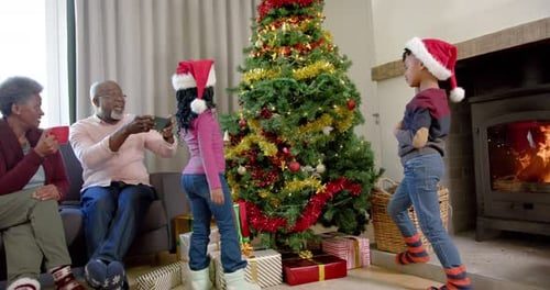 Kids dance by the tree and fire, grandparents clap.